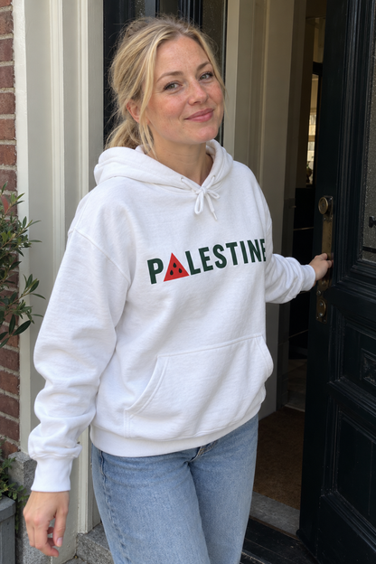 AI lifestyle image of the Palestine Watermelon Hoodie in white