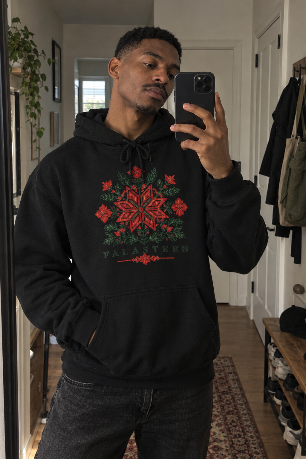 AI lifestyle image of the black Tatreez Bloom Hoodie