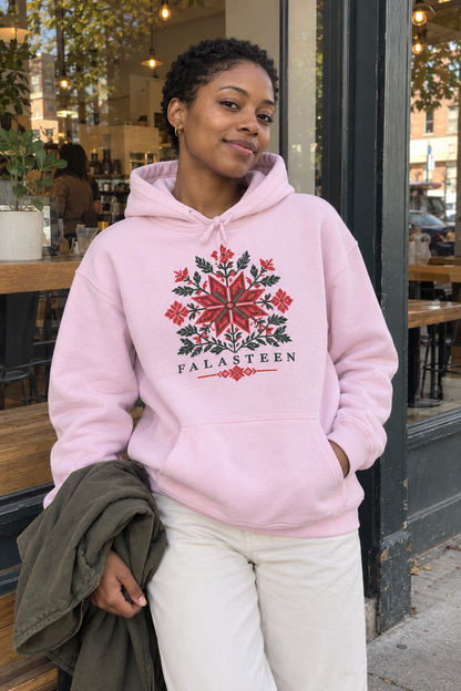 AI-generated lifestyle image of Tatreez Bloom Hoodie in Light Pink