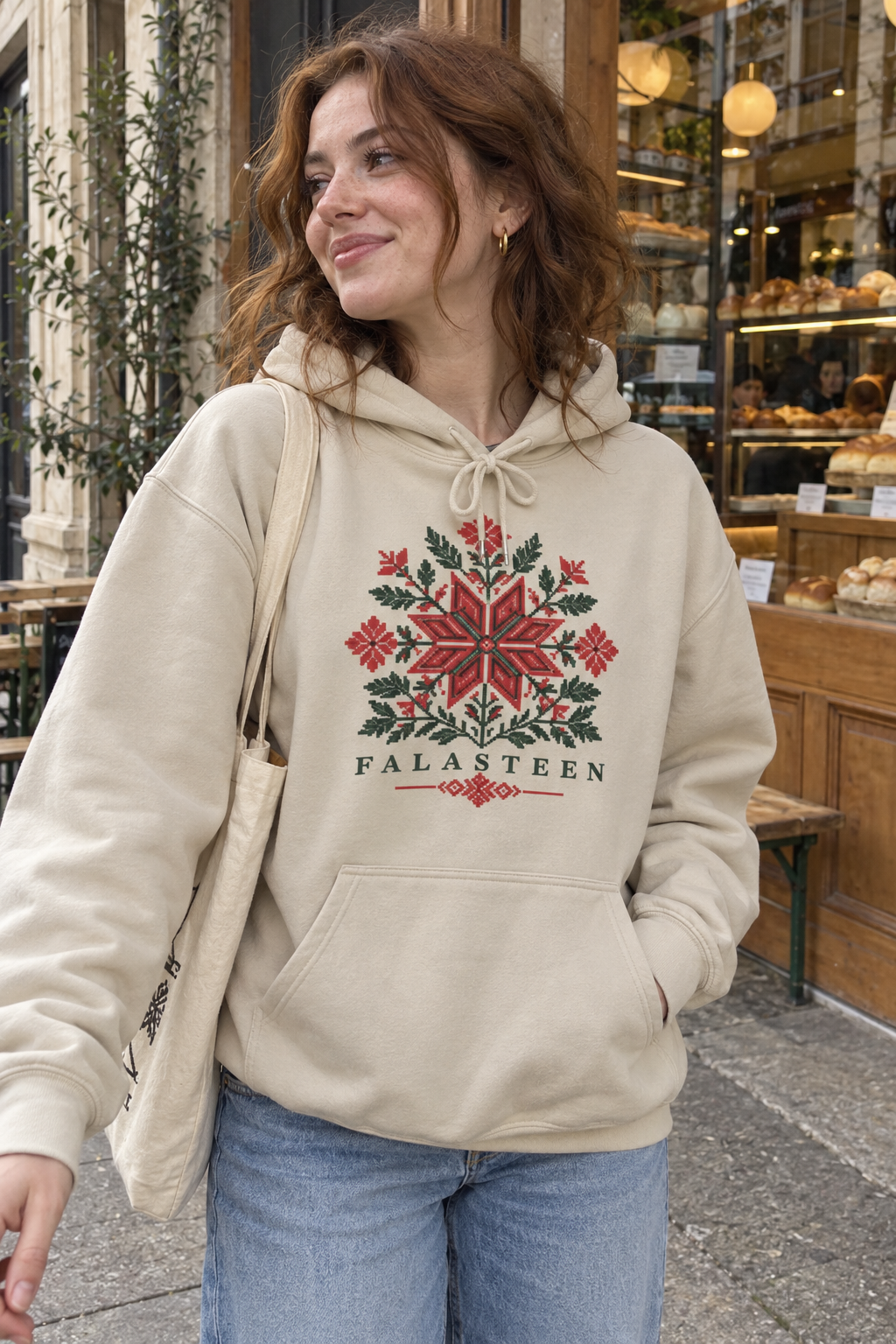 AI lifestyle image of the sand-colored Tatreez Bloom Hoodie