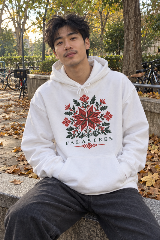 AI lifestyle image of Tatreez Bloom Hoodie in white